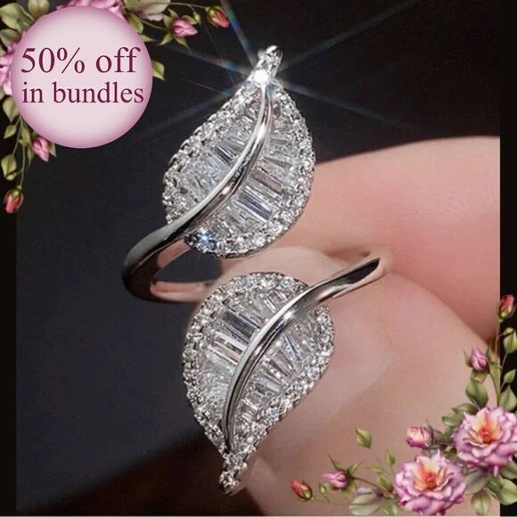 Cubic Zirconia Leaf Shaped Open Ring - Picture 1 of 13